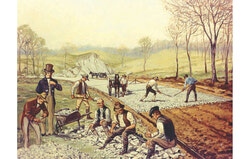 Le macadam est une technique de revêtement des chaussées élaborée par l'Écossais John Loudon McAdam [1756-1836] vers 1820. Ce procédé consiste à répandre sur un sol nivelé et asséché des couches successives de pierres concassées de granulométries décroissantes, liées avec du sable et de l'eau, et agglomérées au moyen de rouleaux compresseurs.  L’œuvre est de Carl Rakeman, en 1823.