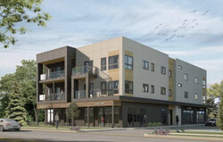 Représentation numérique du bâtiment à usage mixte projeté sur le terrain vacant au 242, rue du Raton-Laveur. Crédit photo : Gracieuseté