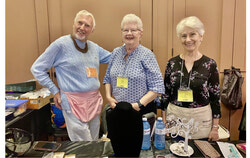 From left: The congregation’s ‘oldest volunteer’ and un-official jewellery model, Skip Brooks; Anne Desjardins and Gemma Johnson. Photo: Lily Ryan